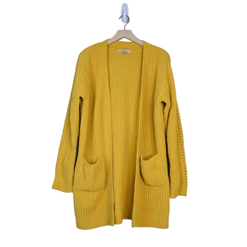 Love Tree Womens L Open Front Patch Pocket Chenille Cardigan Mustard Yellow